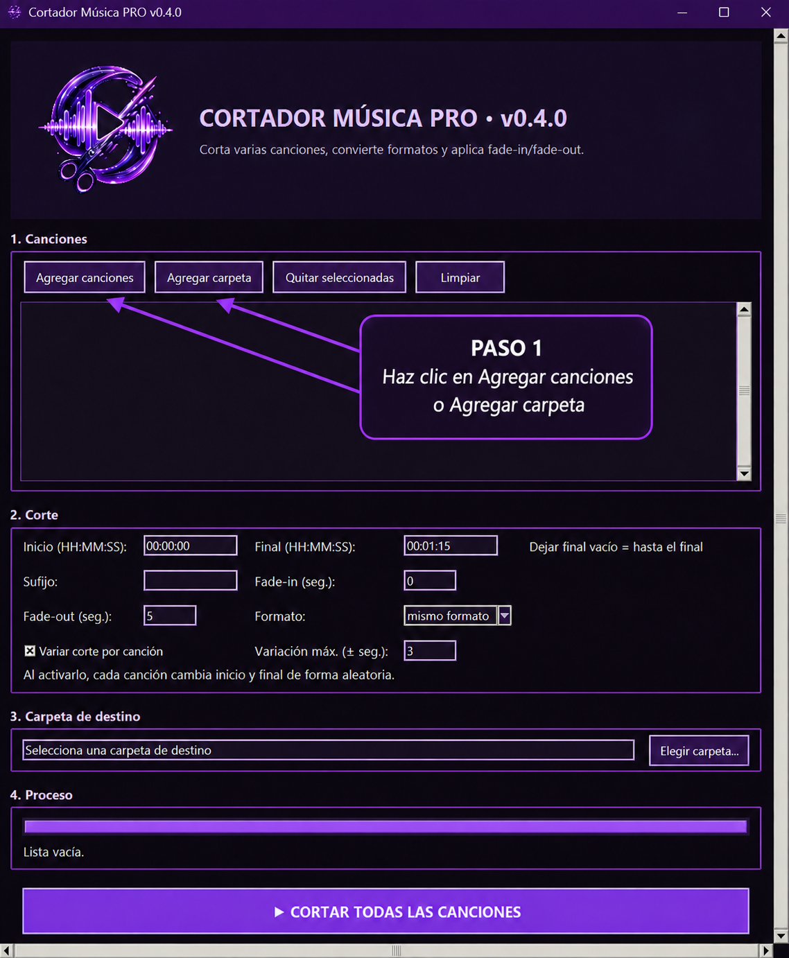 Interfaz real del Cortador de Música
